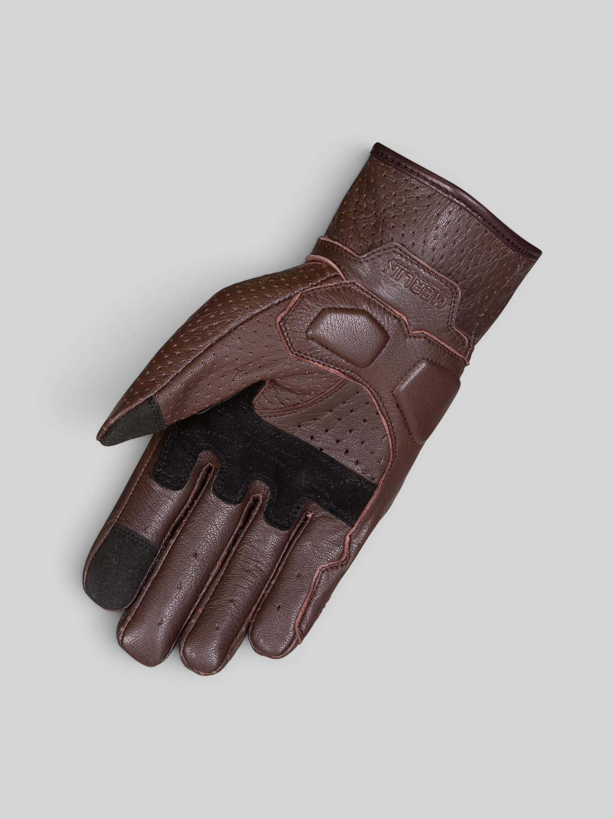 Baffle Haus Legacy brown goat leather motorcycle glove with perforated panels, D3O knuckle armour, and touch points.