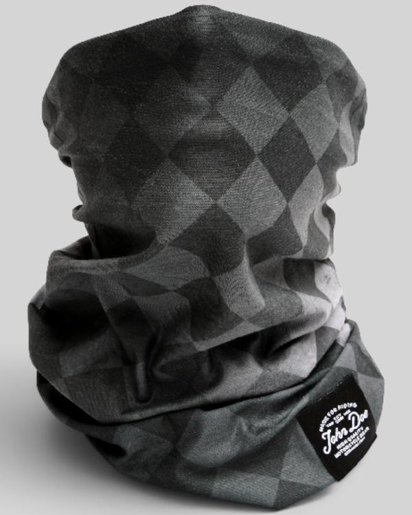 Baffle Haus John Doe black and grey checkered neck tube made from breathable Coolmax microfiber