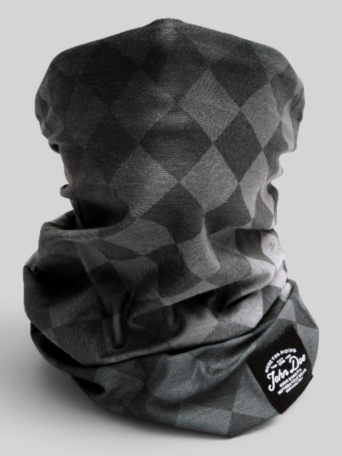 Baffle Haus John Doe black and grey checkered neck tube made from breathable Coolmax microfiber