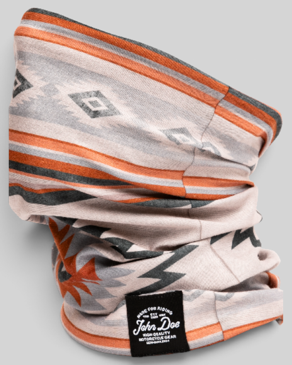 Baffle Haus John Doe Chicano neck tube in beige with orange and grey geometric patterns made from breathable microfiber