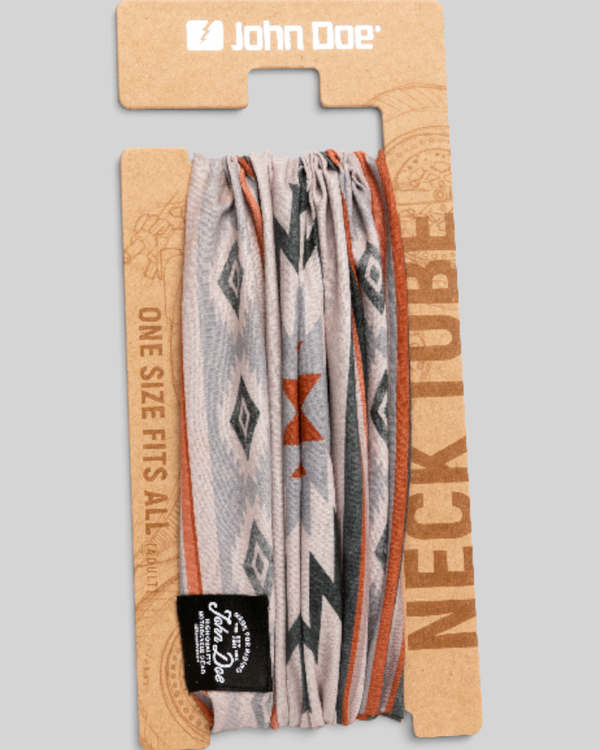 Baffle Haus John Doe Chicano neck tube in beige with geometric patterns, made from breathable Coolmax microfiber.