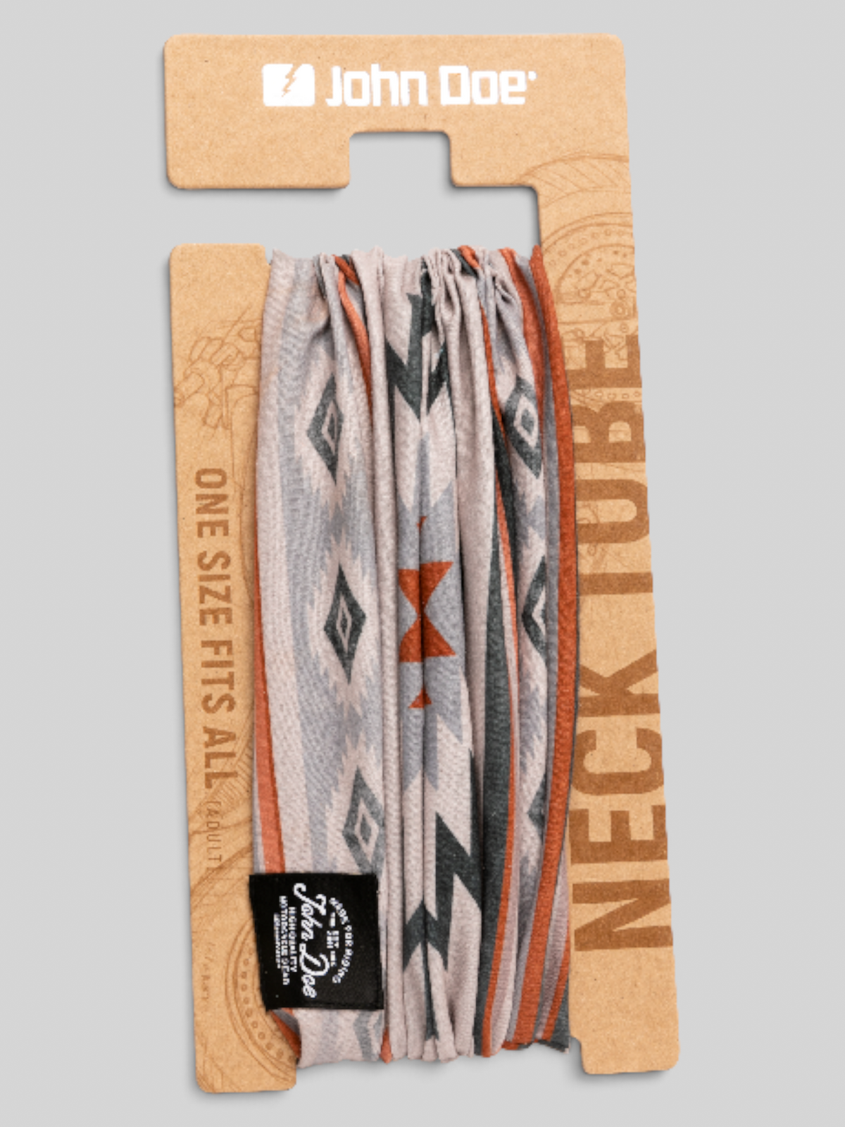 Baffle Haus John Doe Chicano neck tube in beige with geometric patterns, made from breathable Coolmax microfiber.