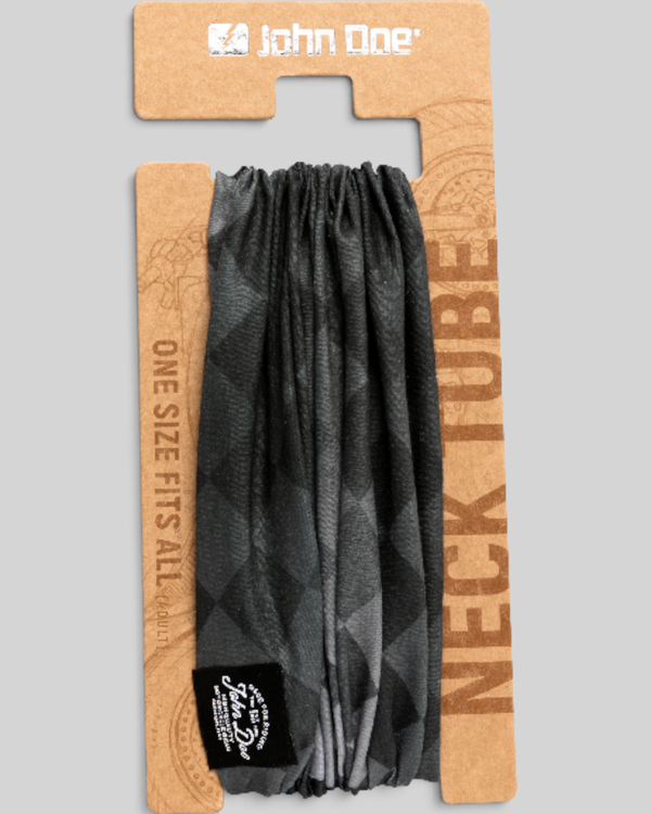 Baffle Haus John Doe Heritage Flag black motorcycle neck tube made from breathable Coolmax microfiber on display card