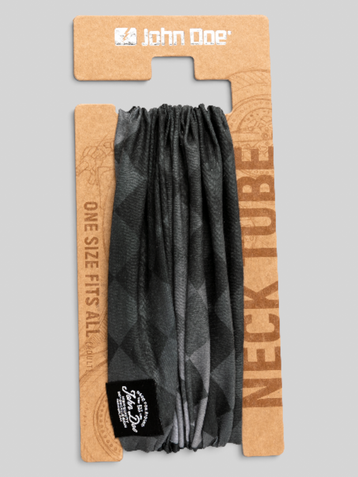 Baffle Haus John Doe Heritage Flag black motorcycle neck tube made from breathable Coolmax microfiber on display card