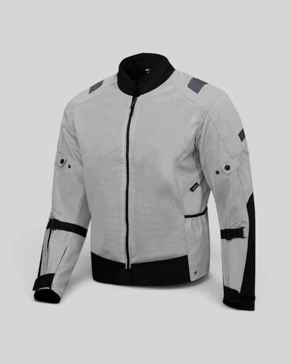 Baffle Haus Taos Air Mesh motorcycle jacket in ice grey with black trim, featuring protective panels and zip front.