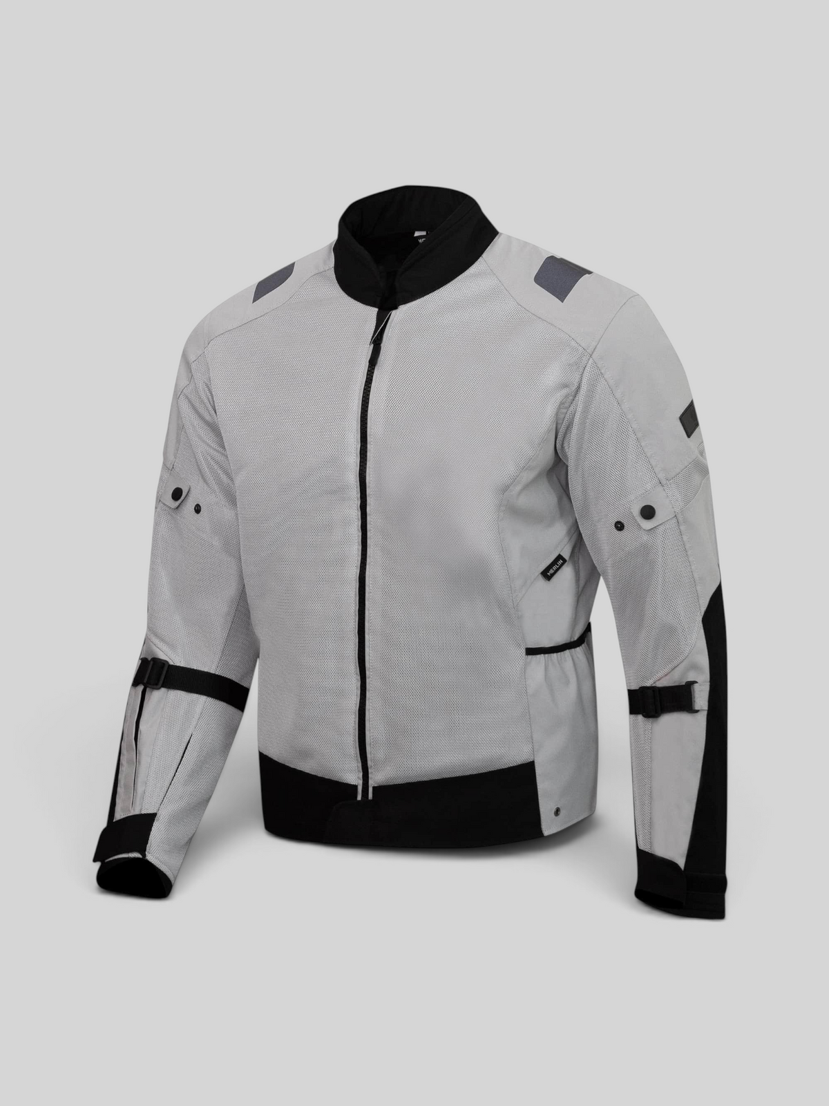 Baffle Haus Taos Air Mesh motorcycle jacket in ice grey with black trim, featuring protective panels and zip front.