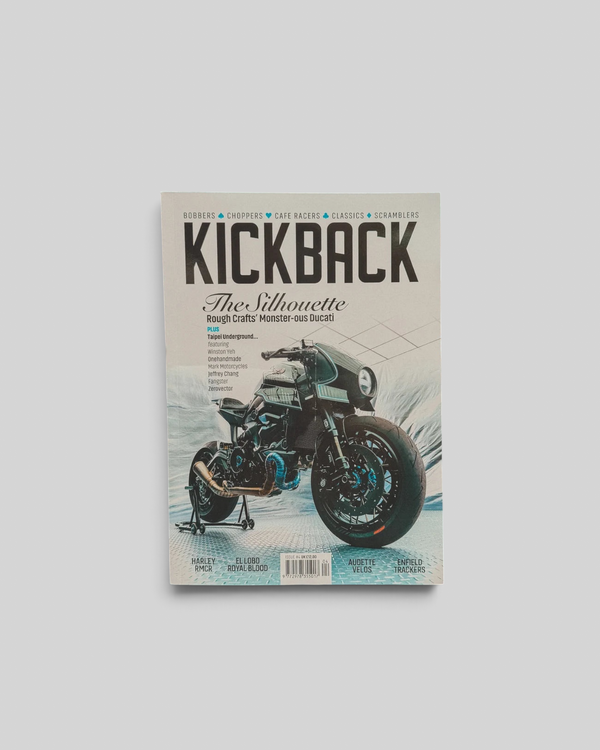 Baffle Haus Kickback Magazine Issue 4 featuring a custom Ducati motorcycle on the cover with bold typography