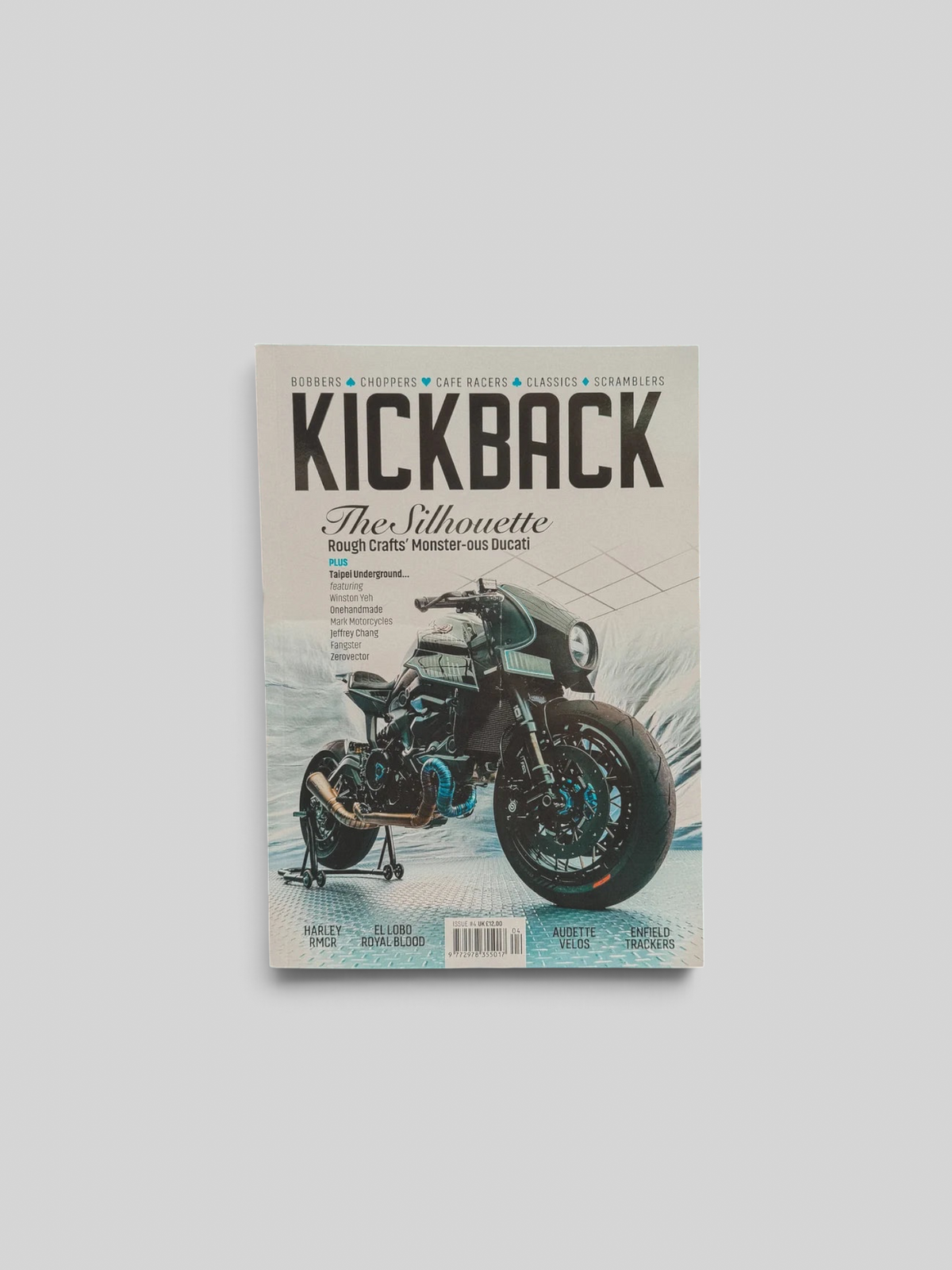 Baffle Haus Kickback Magazine Issue 4 featuring a custom Ducati motorcycle on the cover with bold typography