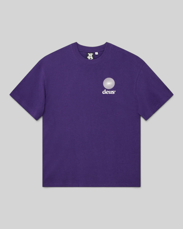 Baffle Haus Strata Tee in violet indigo recycled cotton with white spiral logo graphic on the chest