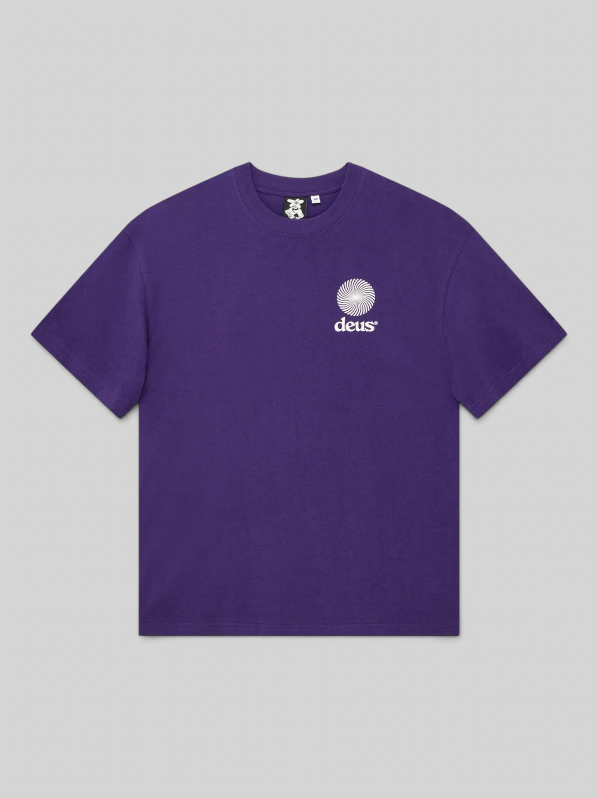 Baffle Haus Strata Tee in violet indigo recycled cotton with white spiral logo graphic on the chest