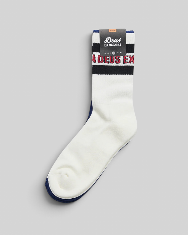 Baffle Haus Chessboxin socks in white with black and red jacquard branding and ribbed ankle detail