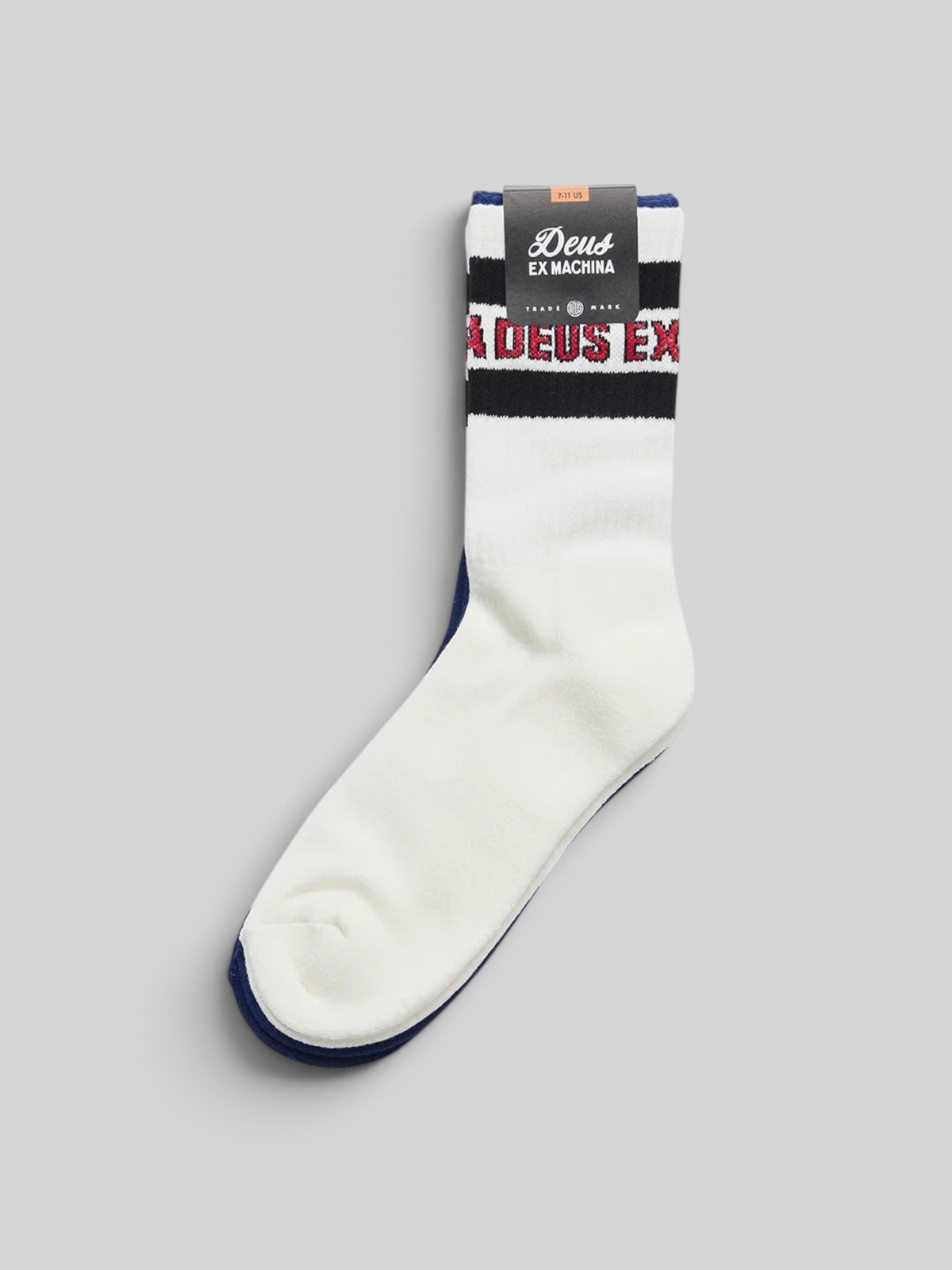 Baffle Haus Chessboxin socks in white with black and red jacquard branding and ribbed ankle detail