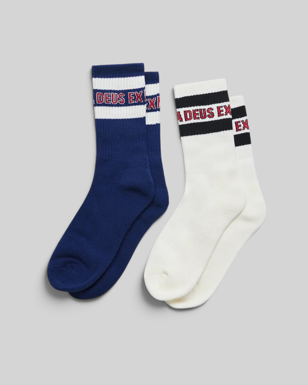 Baffle Haus Chessboxin 2-pack socks in navy and white with ribbed ankles and jacquard Deus Ex Machina branding.