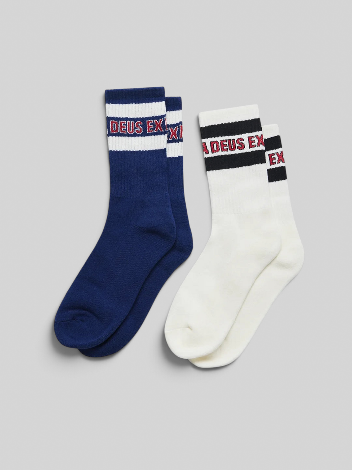 Baffle Haus Chessboxin 2-pack socks in navy and white with ribbed ankles and jacquard Deus Ex Machina branding.