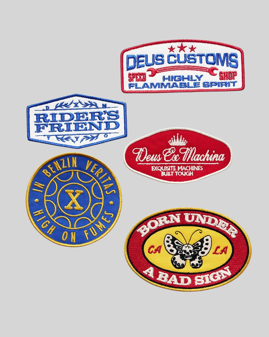 Baffle Haus Machina patch set featuring five assorted embroidered woven patches with vintage-inspired graphic designs.
