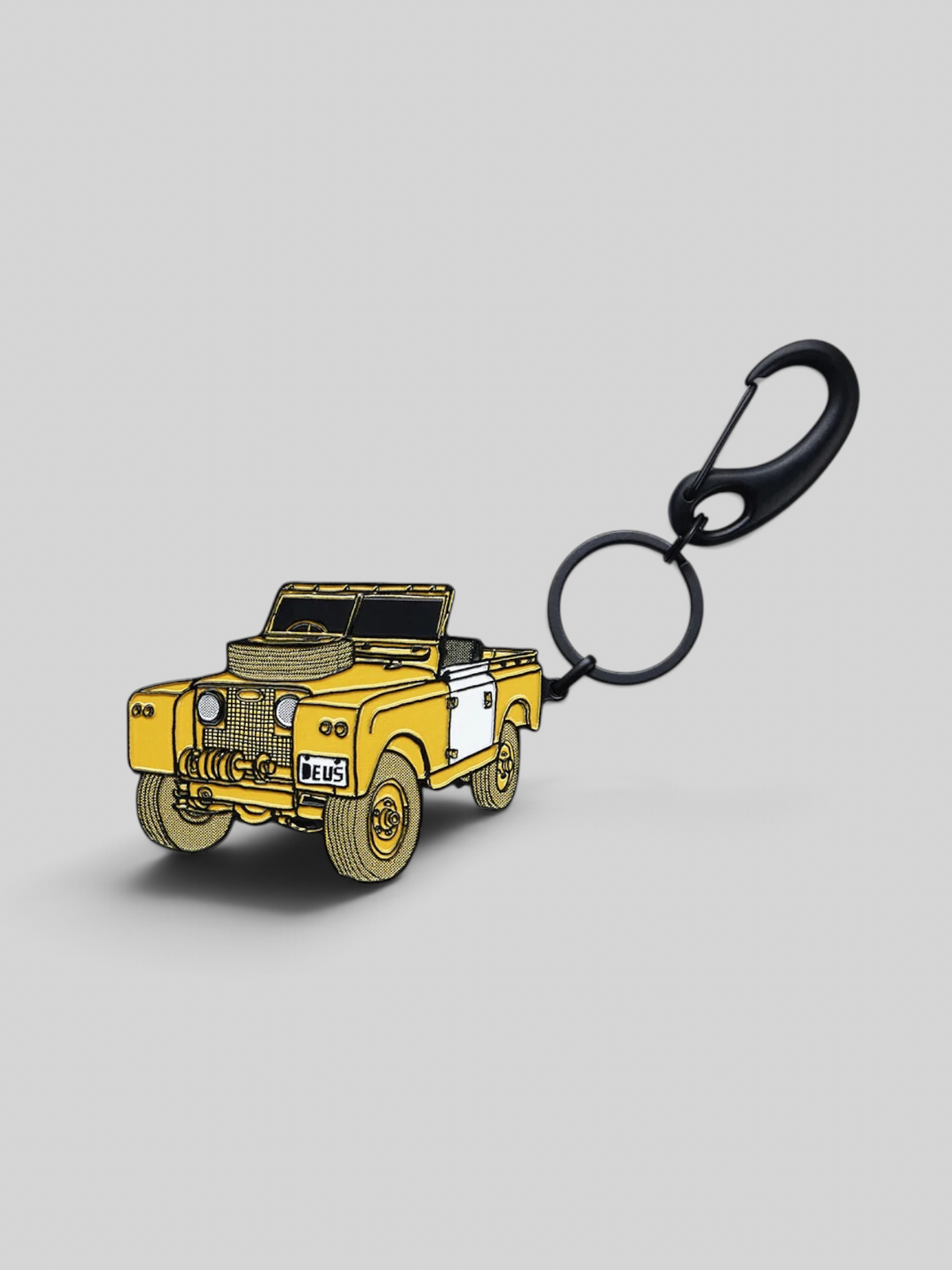 Baffle Haus yellow Landie key tag featuring a vintage off-road vehicle design in plated enamel and zinc alloy.