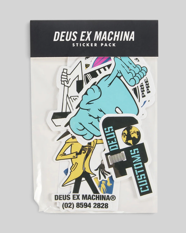 Baffle Haus seasonal PVC sticker pack featuring various Deus Ex Machina graphic art designs in a clear plastic bag.