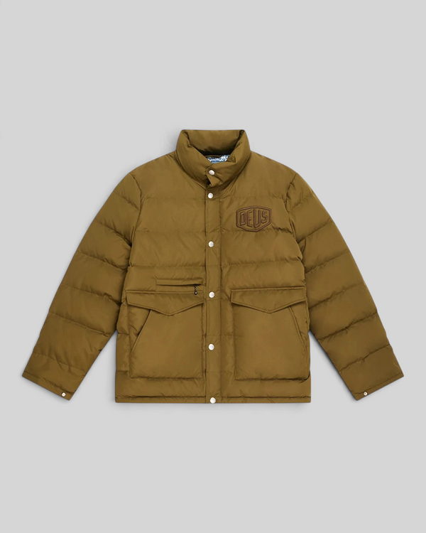 Baffle Haus Carson olive down jacket with chest branding, large patch pockets, and a zip front with snap placket.