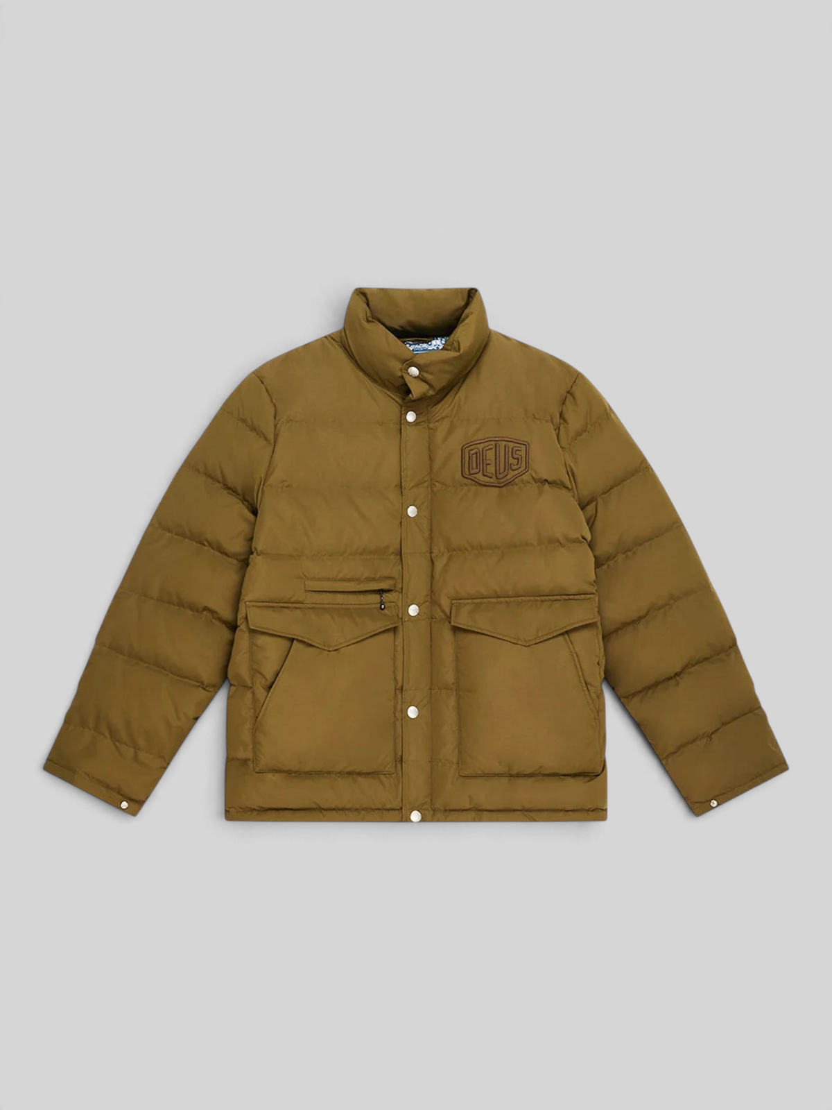 Baffle Haus Carson olive down jacket with chest branding, large patch pockets, and a zip front with snap placket.