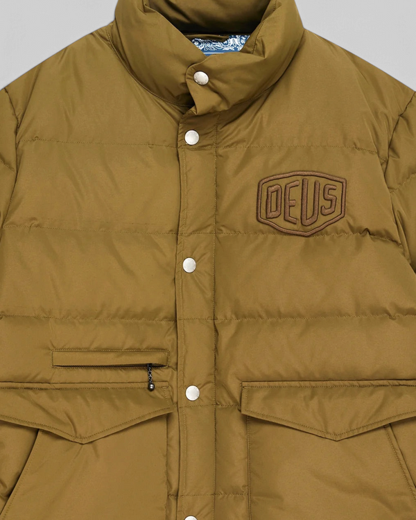 Baffle Haus Carson olive down jacket with chest branding, flap pockets, and snap button front closure.