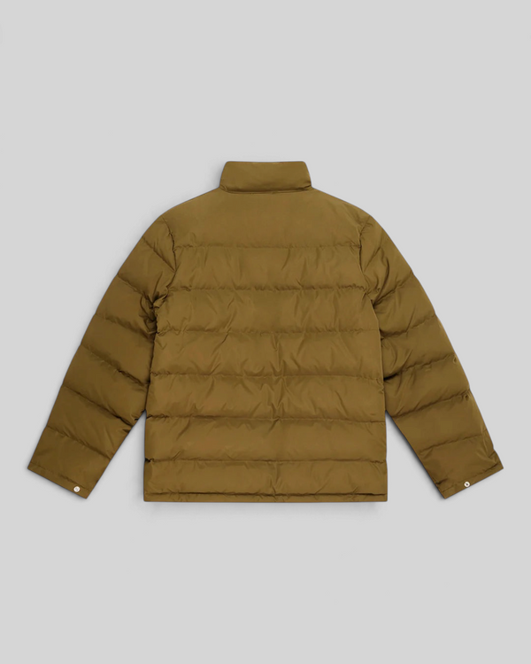 Back view of Baffle Haus olive green Carson down jacket with quilted polyester shell and high collar