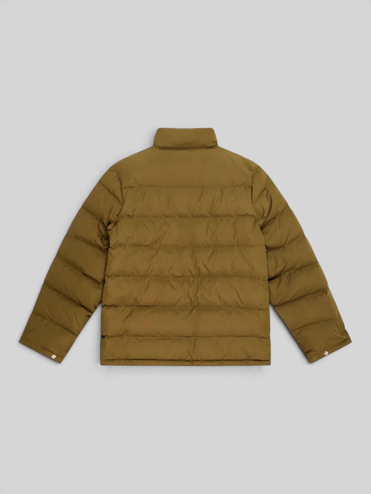 Back view of Baffle Haus olive green Carson down jacket with quilted polyester shell and high collar
