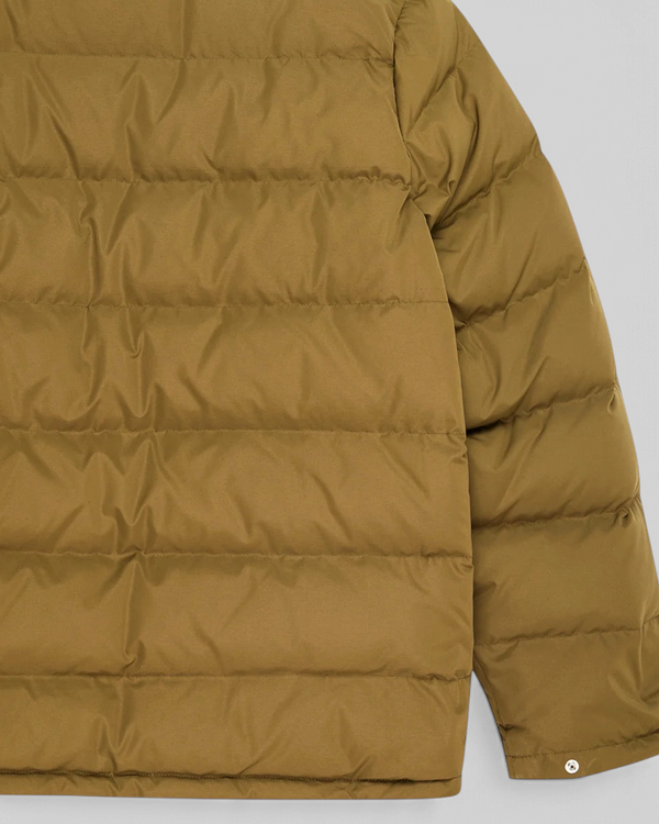 Baffle Haus Carson down jacket in olive green featuring a quilted polyester shell and snap button cuff detail