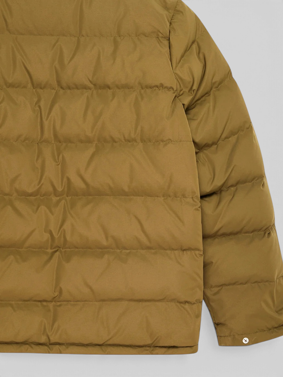 Baffle Haus Carson down jacket in olive green featuring a quilted polyester shell and snap button cuff detail