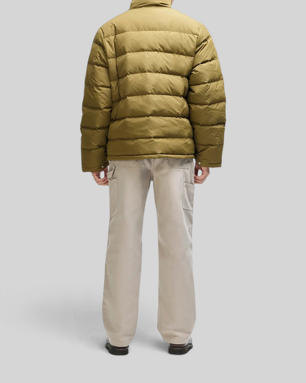 Back view of Baffle Haus Carson olive green down jacket with quilted polyester shell and relaxed fit