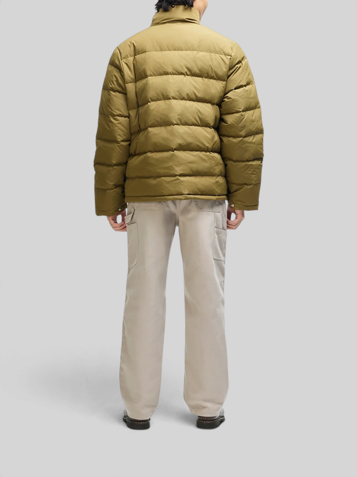 Back view of Baffle Haus Carson olive green down jacket with quilted polyester shell and relaxed fit