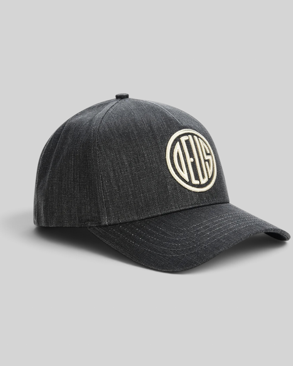 Baffle Haus black 5-panel cap in textured cotton twill with high-density embroidered circular logo on the front