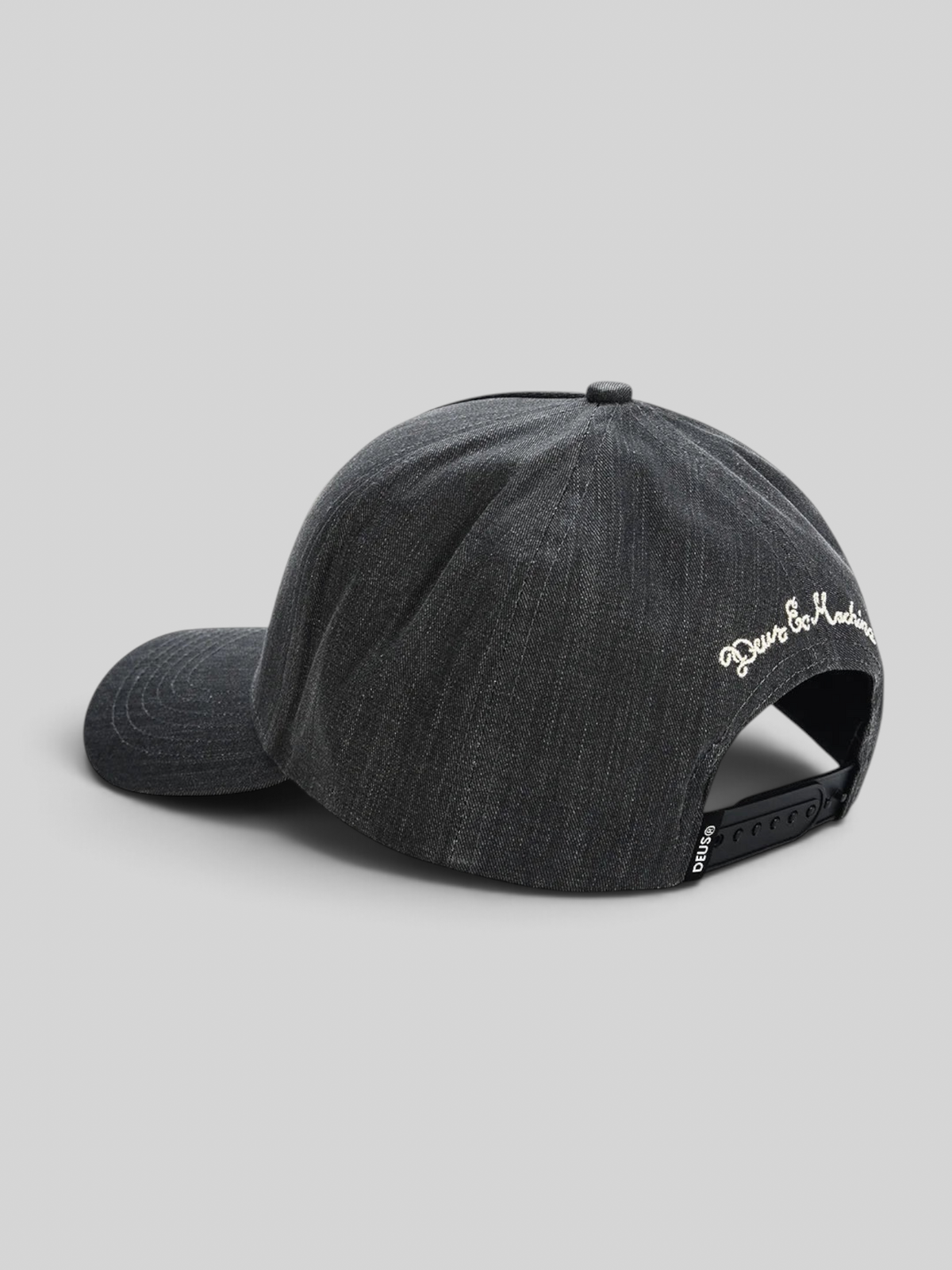 Baffle Haus black cotton twill 5-panel cap with white embroidered logo detail and adjustable plastic back snap