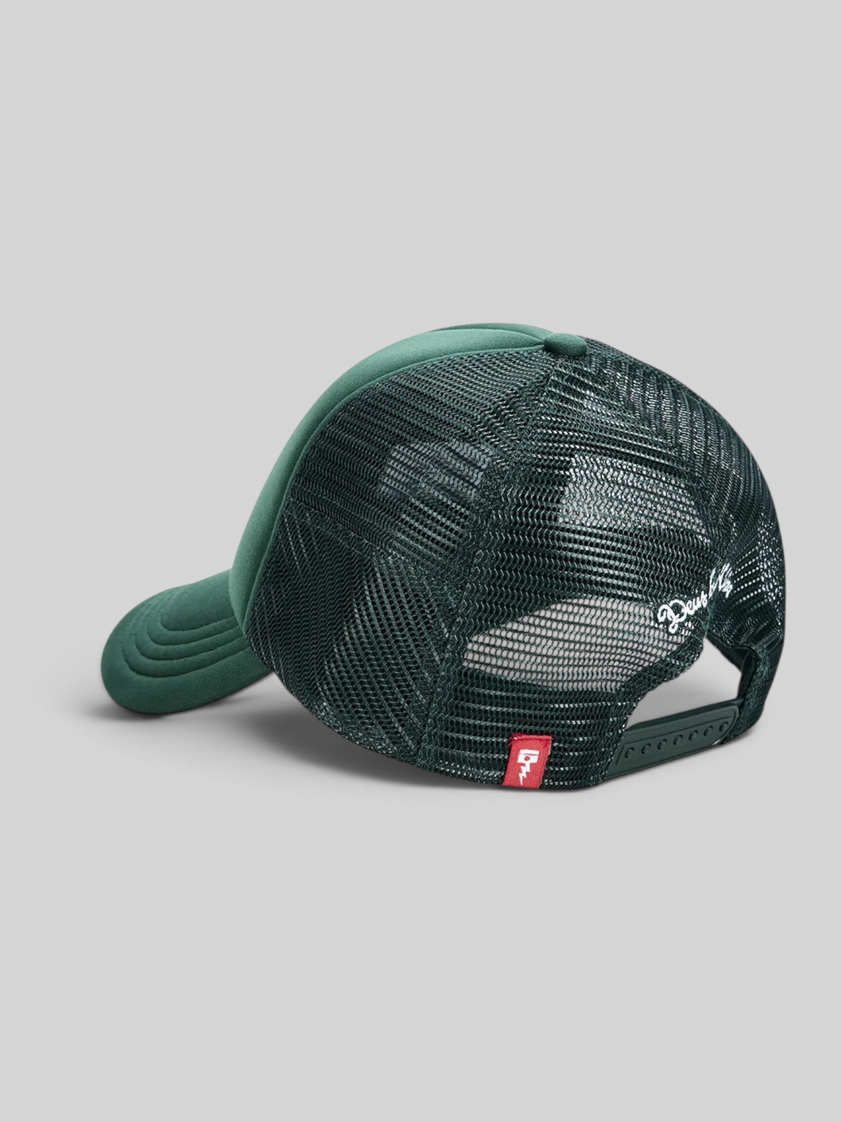 Baffle Haus Baylands racing green trucker cap with black nylon mesh back and adjustable snapback closure