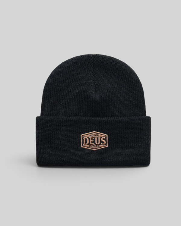 Baffle Haus Benjie black wool watch cap beanie with a double fold turnover and branded badge detail