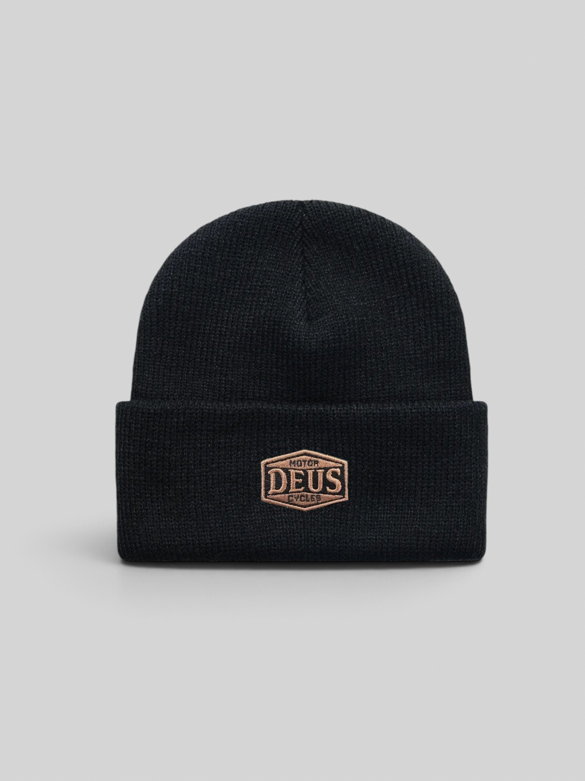 Baffle Haus Benjie black wool watch cap beanie with a double fold turnover and branded badge detail