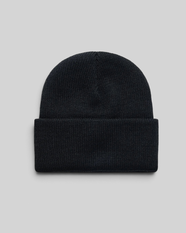 Baffle Haus Benjie black wool watch cap beanie with a double fold turnover and circular knit crown construction.