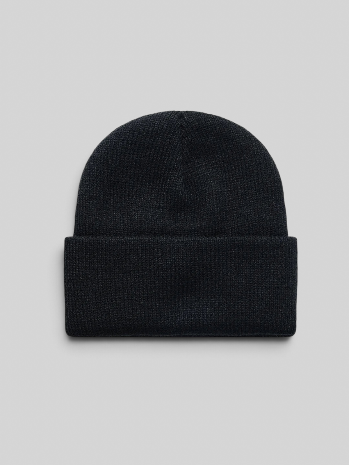 Baffle Haus Benjie black wool watch cap beanie with a double fold turnover and circular knit crown construction.