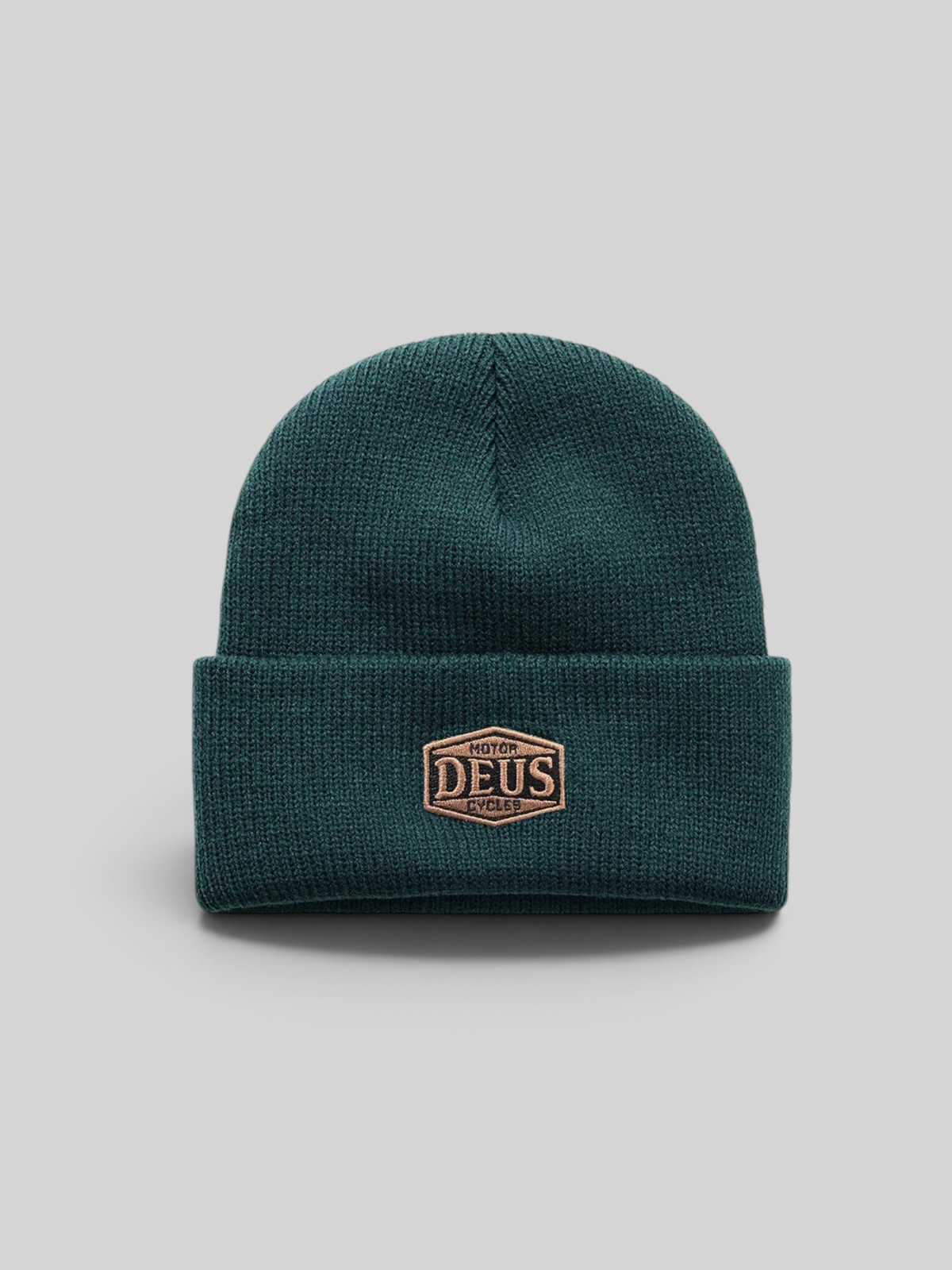 Baffle Haus Benjie Beanie in racing green acrylic knit with a wide cuff and embroidered front badge