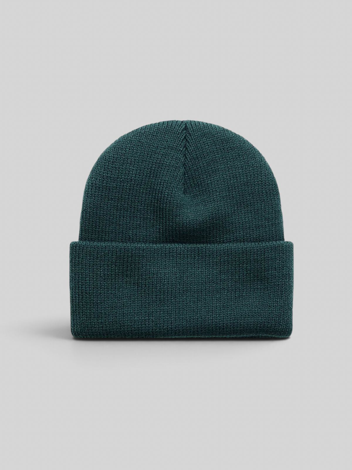 Baffle Haus Benjie beanie in racing green acrylic yarn with a classic fit and wide turn up cuff.