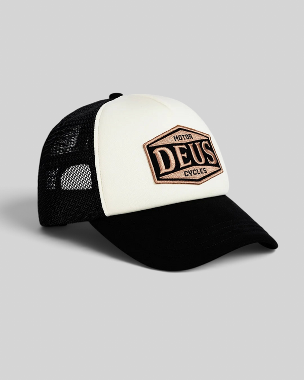 Baffle Haus Josel trucker hat in black and white with a vintage-style embroidered Deus Motor Cycles badge