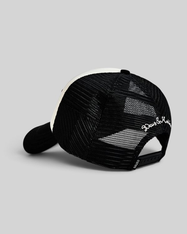 Baffle Haus Josel black and white 5-panel trucker hat with mesh back, snap adjuster, and embroidered side detail.