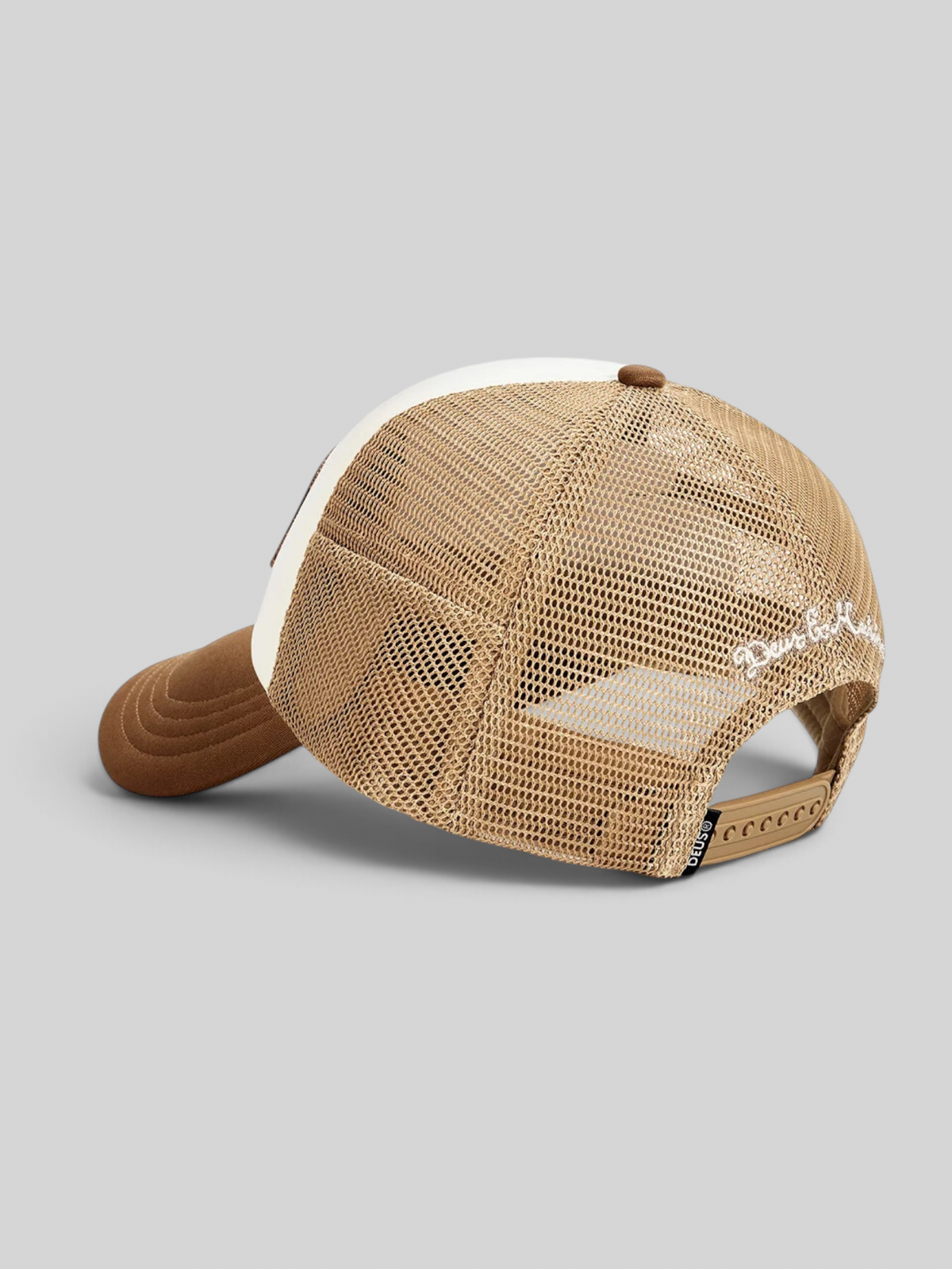 Baffle Haus Josel trucker hat in camel brown and white with mesh back, snap adjuster, and embroidered side detail.
