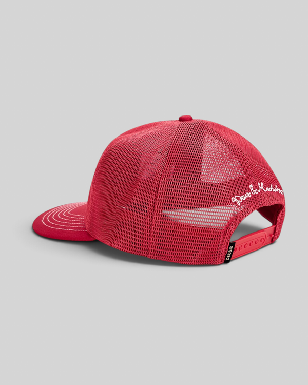 Baffle Haus Mudflap trucker cap in cherry red with polyester mesh back, snap adjuster, and embroidered side detail.