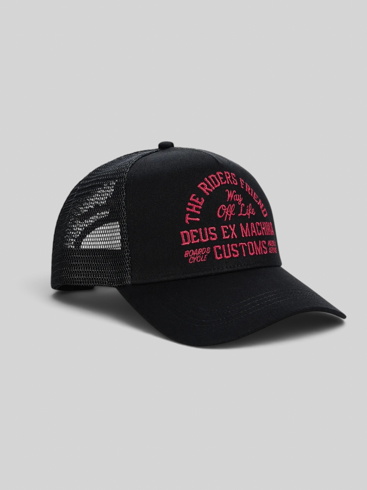 Baffle Haus Shook Ones black trucker hat with red embroidered graphic, cotton twill front, and polyester mesh back.