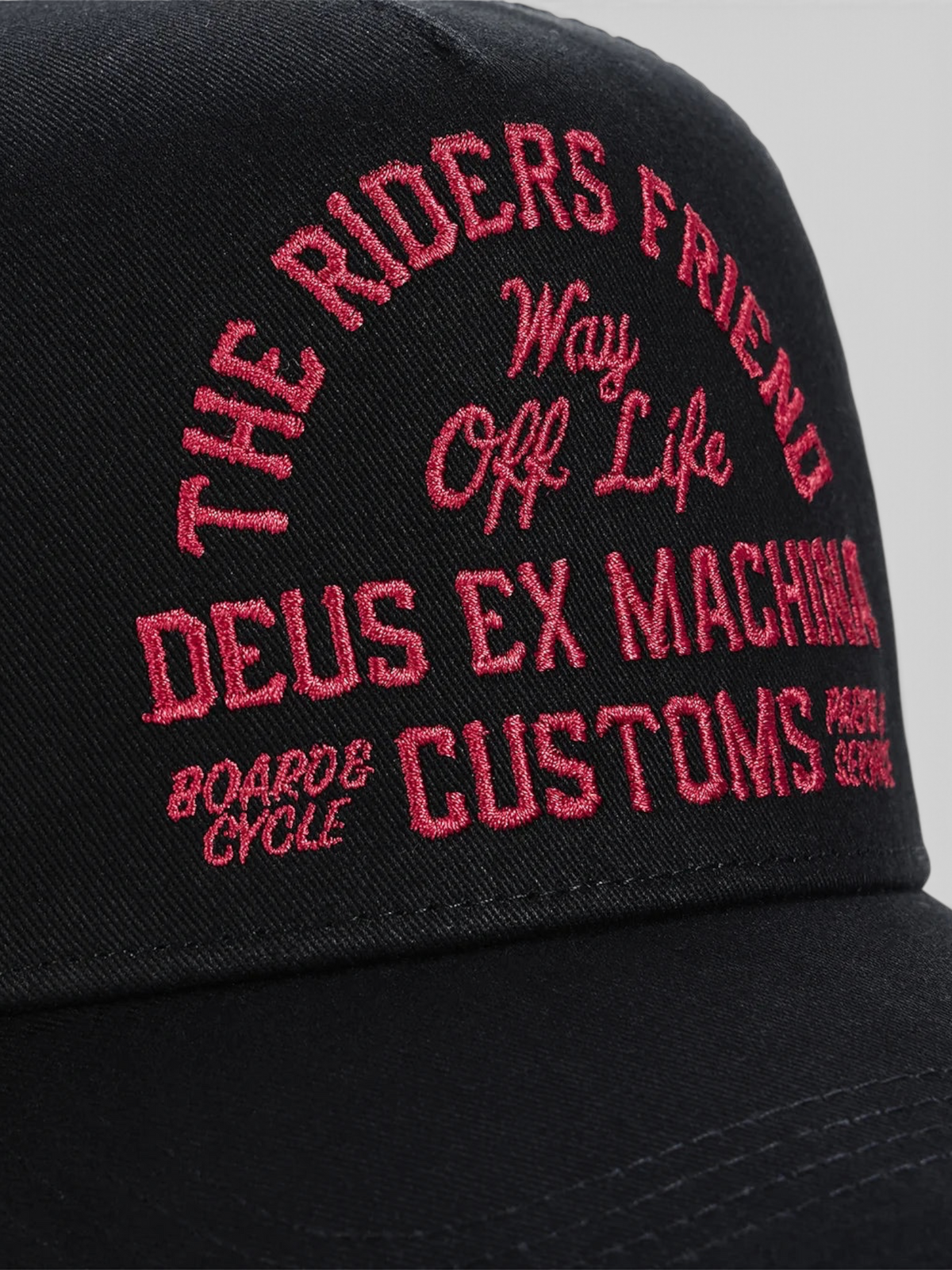 Baffle Haus Shook Ones black 5-panel trucker hat with red embroidered graphic text on the front crown
