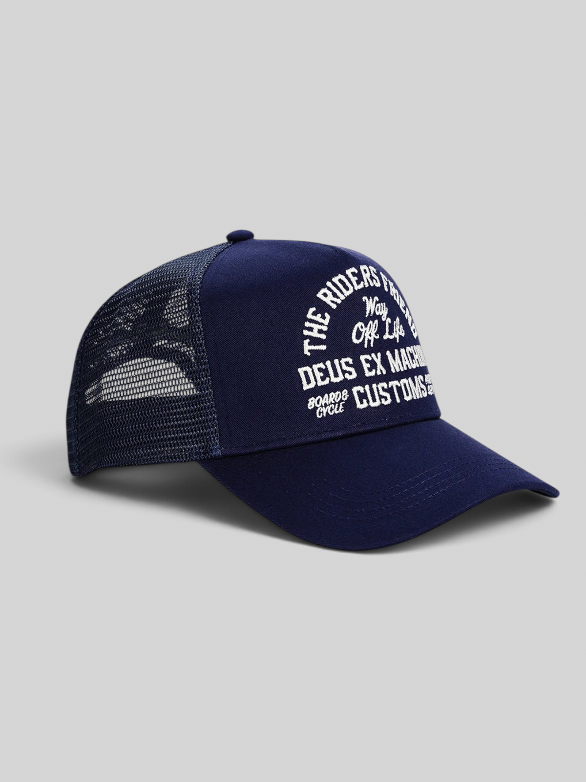 Baffle Haus Shook Ones trucker hat in mechanic blue with white embroidered graphic and mesh back panel