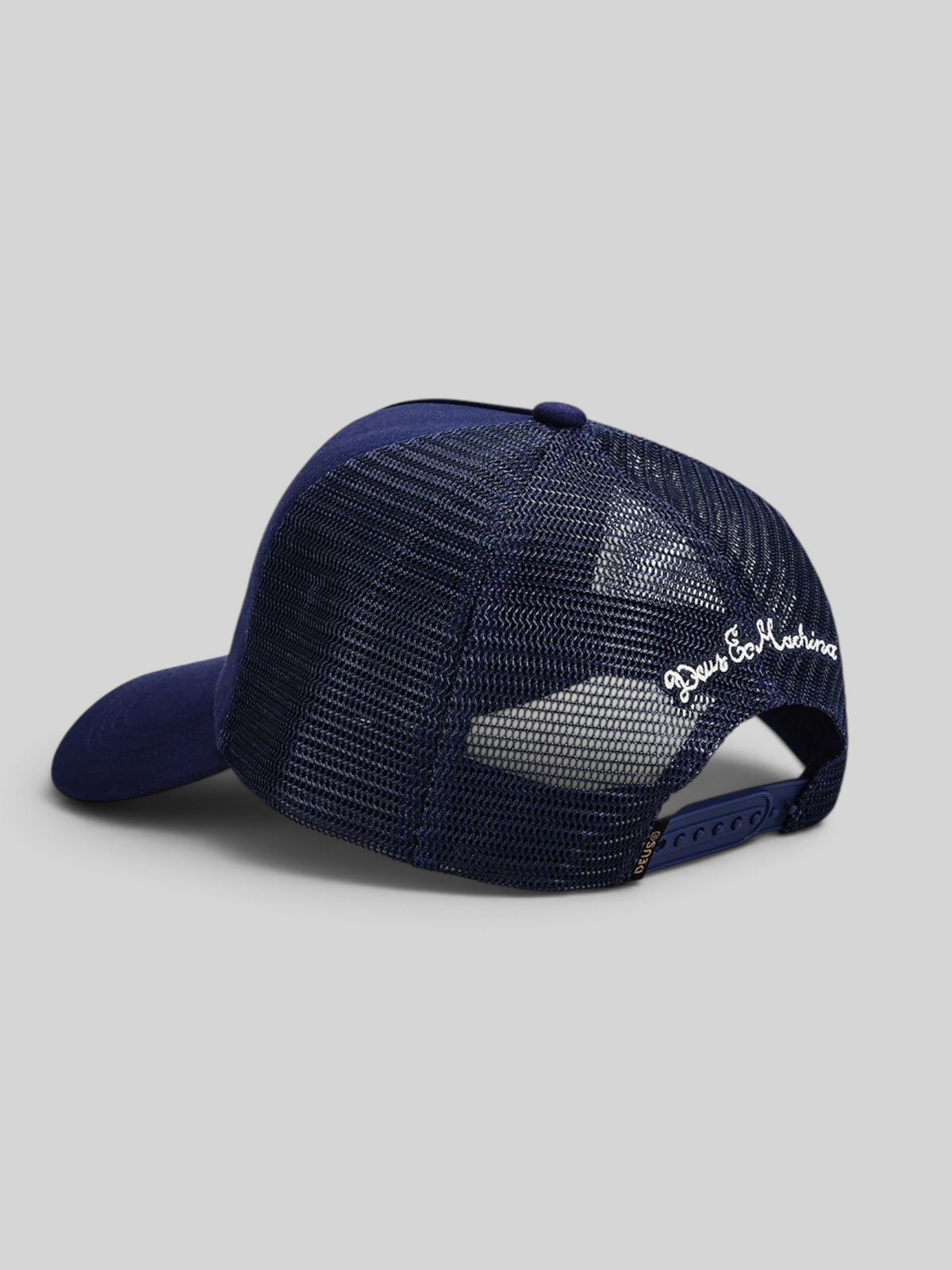Baffle Haus Shook Ones trucker hat in mechanic blue with cotton twill front, mesh back, and embroidered detail