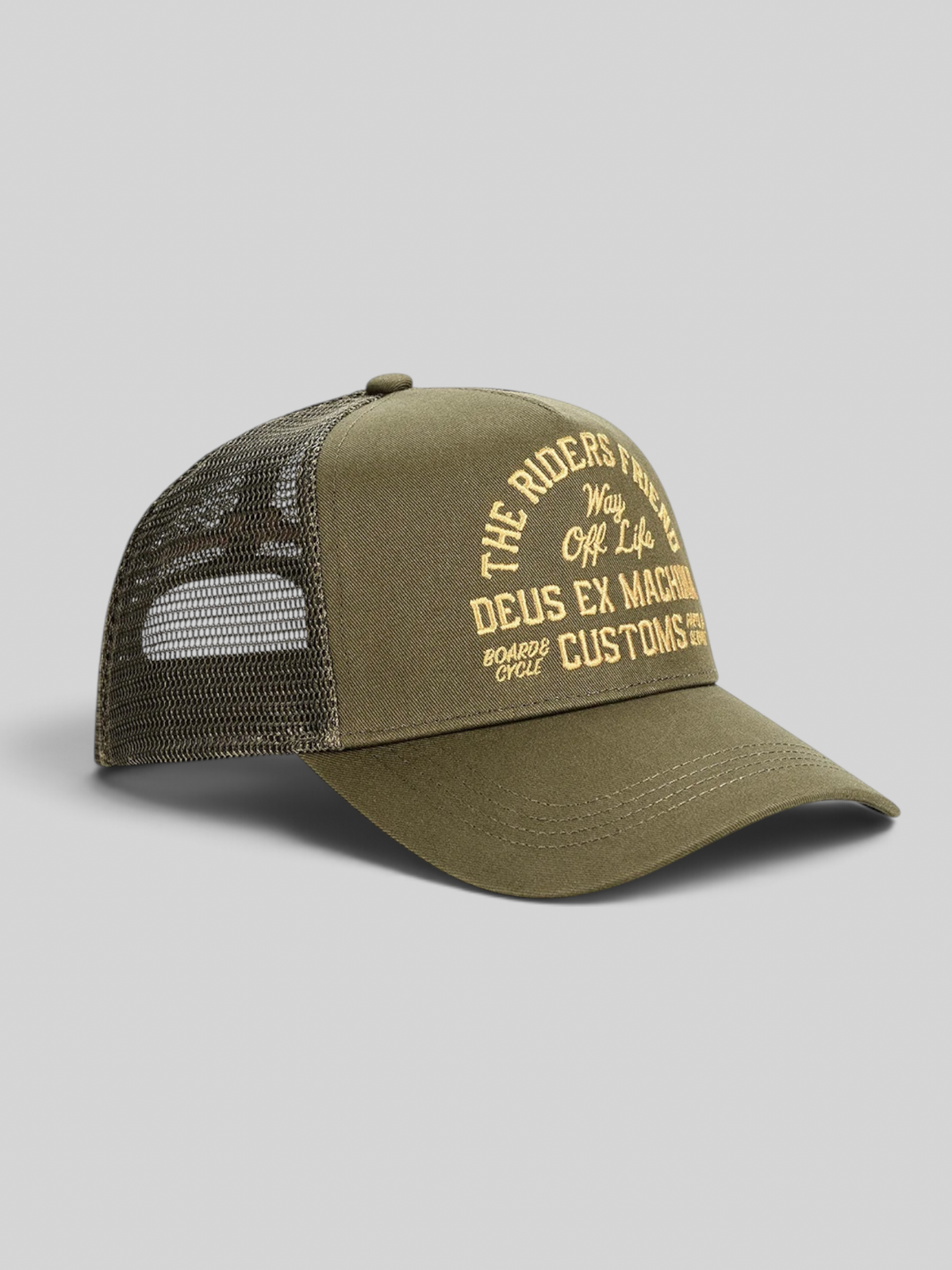 Baffle Haus olive green 5-panel trucker hat with embroidered gold lettering and breathable polyester mesh back.