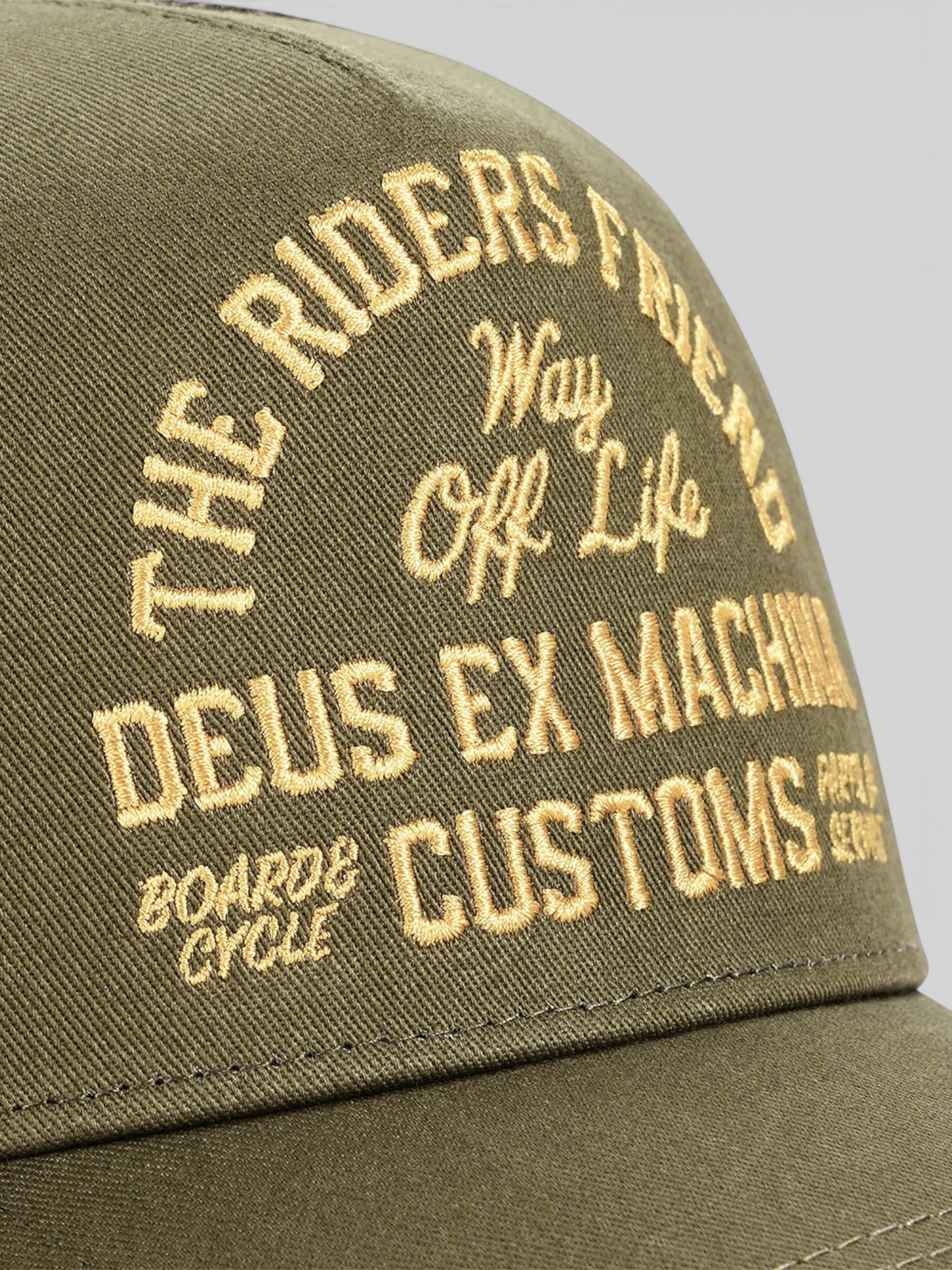 Baffle Haus Shook Ones olive green trucker hat with gold embroidered graphic text on the cotton twill front panel