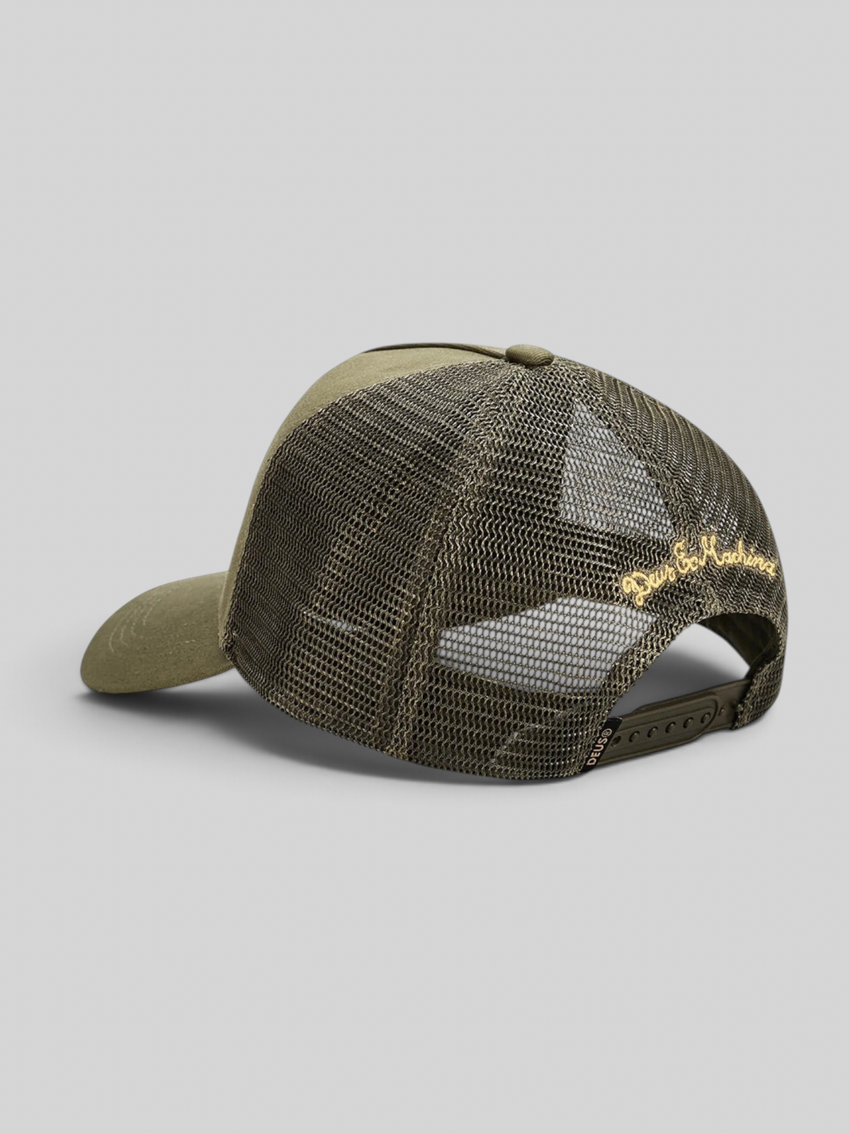 Baffle Haus Shook Ones trucker hat in olive green with brown mesh back, snap adjustment, and gold embroidery.